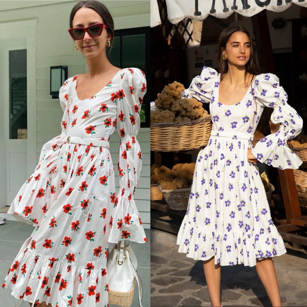 Caroline Constas Fay Dress Retro Floral White Red Cotton Poplin Midi Size Large